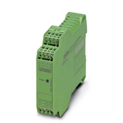 Zelené elektronické zařízení s několika připojovacími svorkami, často používané v automatizační technice nebo rozváděčích.