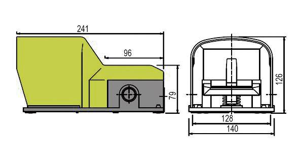 Boční pohled a přední pohled mechanického zařízení se specifickými rozměry v milimetrech, včetně šířky a výšky.