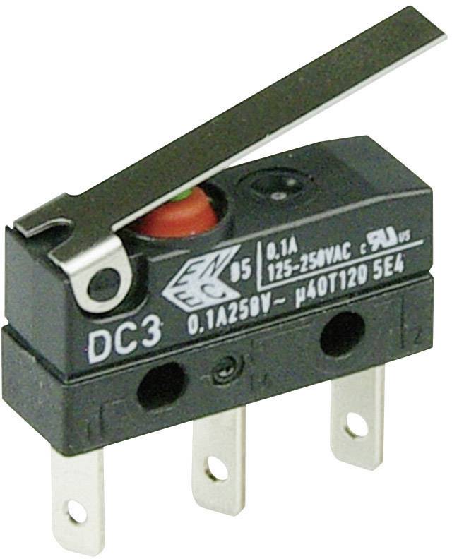 Červený mikrospínač s ovládací pákou, na kterém je napsáno 'DC3, 0,1A 125-250V AC', slouží k elektrickému ovládání.