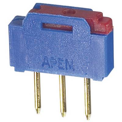 Modrý konektor s červeným posuvníkem a třemi zlatavými kolíky, používaný v elektronických zařízeních pro elektrické propojení.