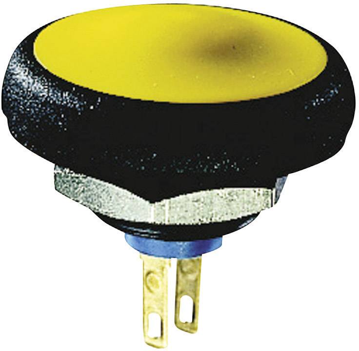 Kulatý žlutý tlačítkový spínač s černým okrajem a dvěma kovovými připojovacími body pod ním, typicky používaný v elektronických zařízeních.