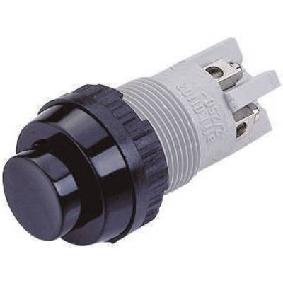 Černý kulatý tlačítkový spínač se šedým závitem a kovovými kontakty, často používaný pro elektrické přístroje nebo ovládání strojů.