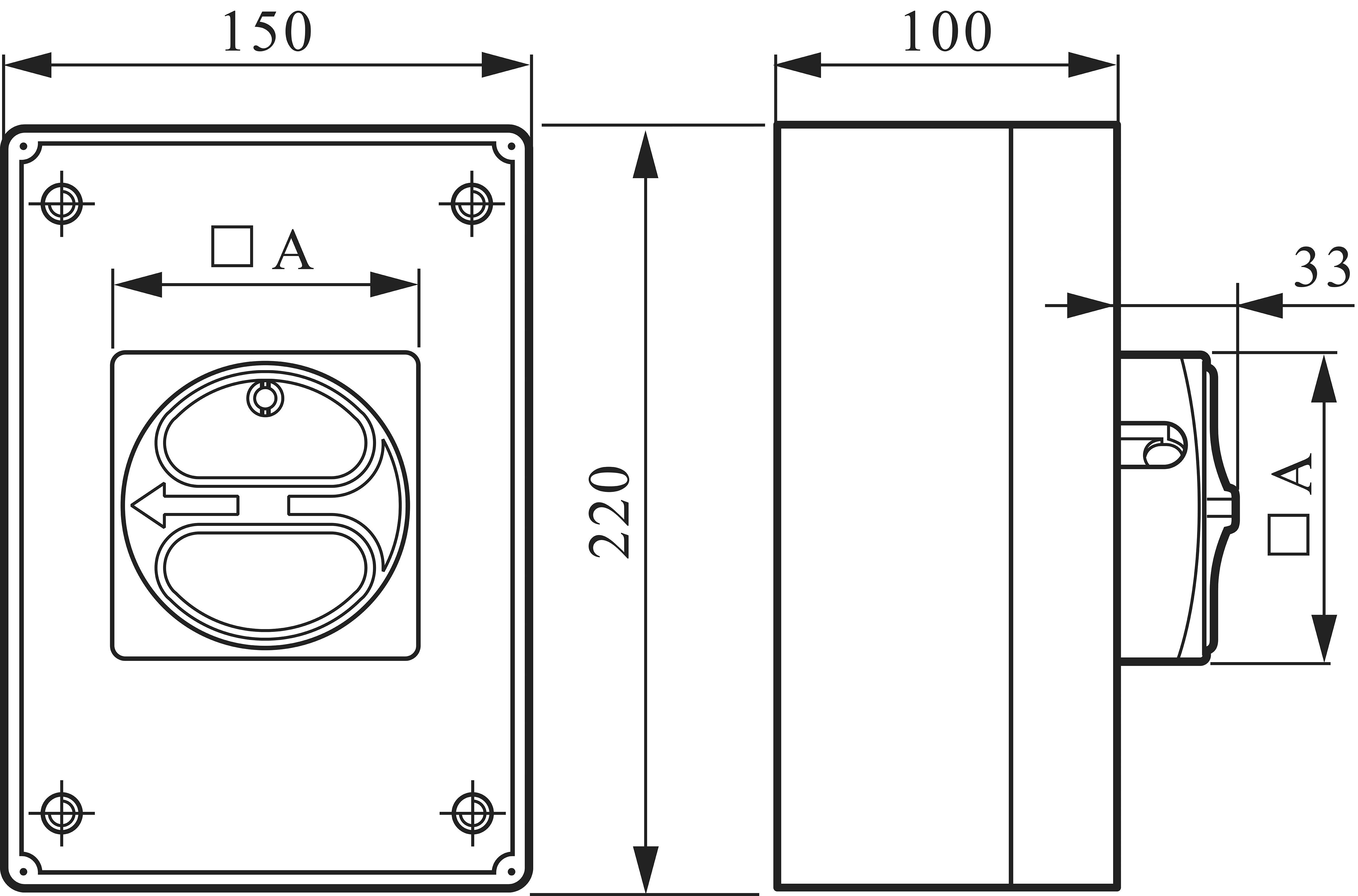 Elektrické schéma zapojení s rozměry: šířka 150 mm, výška 220 mm, hloubka 100 mm. Zobrazuje přední a boční pohledy.