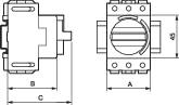 ASCII diagram se dvěma technickými výkresy vedle sebe, zobrazující různé pohledy na mechanické zařízení.