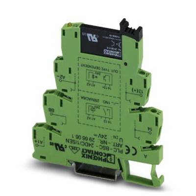 Zelený reléový modul Phoenix Contact, kompaktní provedení, vhodný pro elektrická propojení.