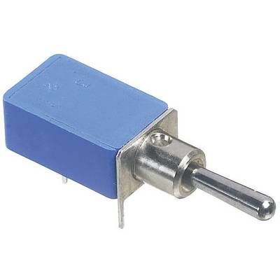 Modrý páčkový spínač s kovovým ovládacím prvkem a obdélníkovým pouzdrem. Používá se k ovládání elektronických zařízení.