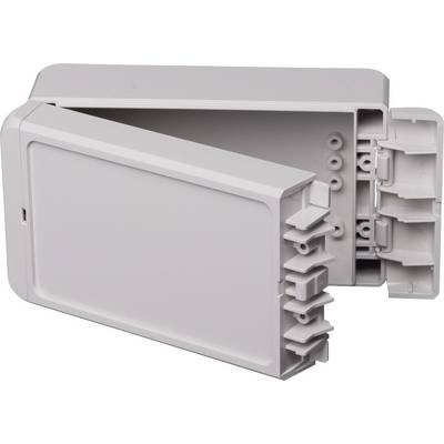 Šedý, otevřený plastový box s několika přihrádkami. Vhodný pro elektrické nebo technické instalace ve vnitřních prostorách.