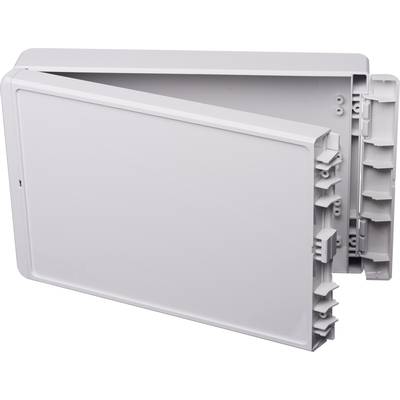 Obdélníková, bílá elektrická zásuvka s odnímatelným krytem otevírajícím se z boku, vhodná pro vnitřní instalace.