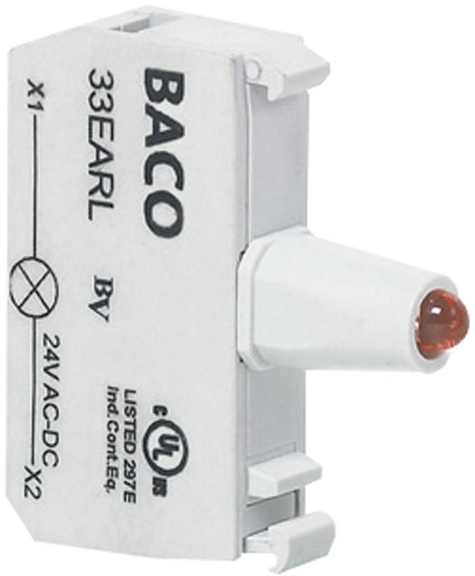 Pohled na elektrickou součástku 'BACO 33EARL', 24VAC-DC. Obsahuje zkušební značku UL. Obsahuje červenou kontrolní LED. Používá se v řídicích systémech.
