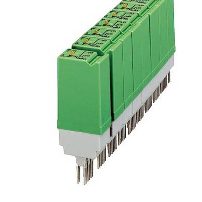 Zelené výměnné reléové moduly v řadě, každý vybavený několika kovovými kolíky na spodní straně, vhodné pro různé elektrické aplikace.