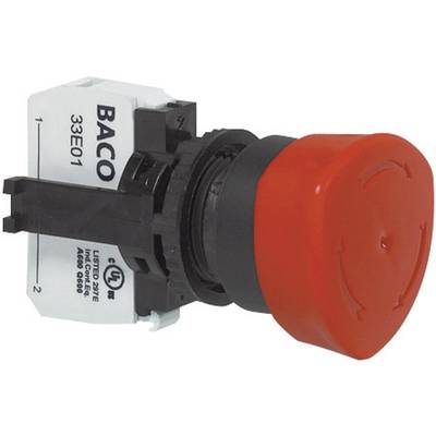 Červený nouzový vypínač od firmy BACO s černým upevněním a logem UL.
