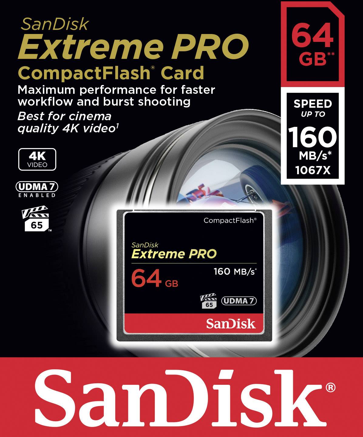SanDisk Extreme PRO CompactFlash karta, 64 GB, rychlost až 160 MB/s. Vhodná pro 4KVideonahrávky.