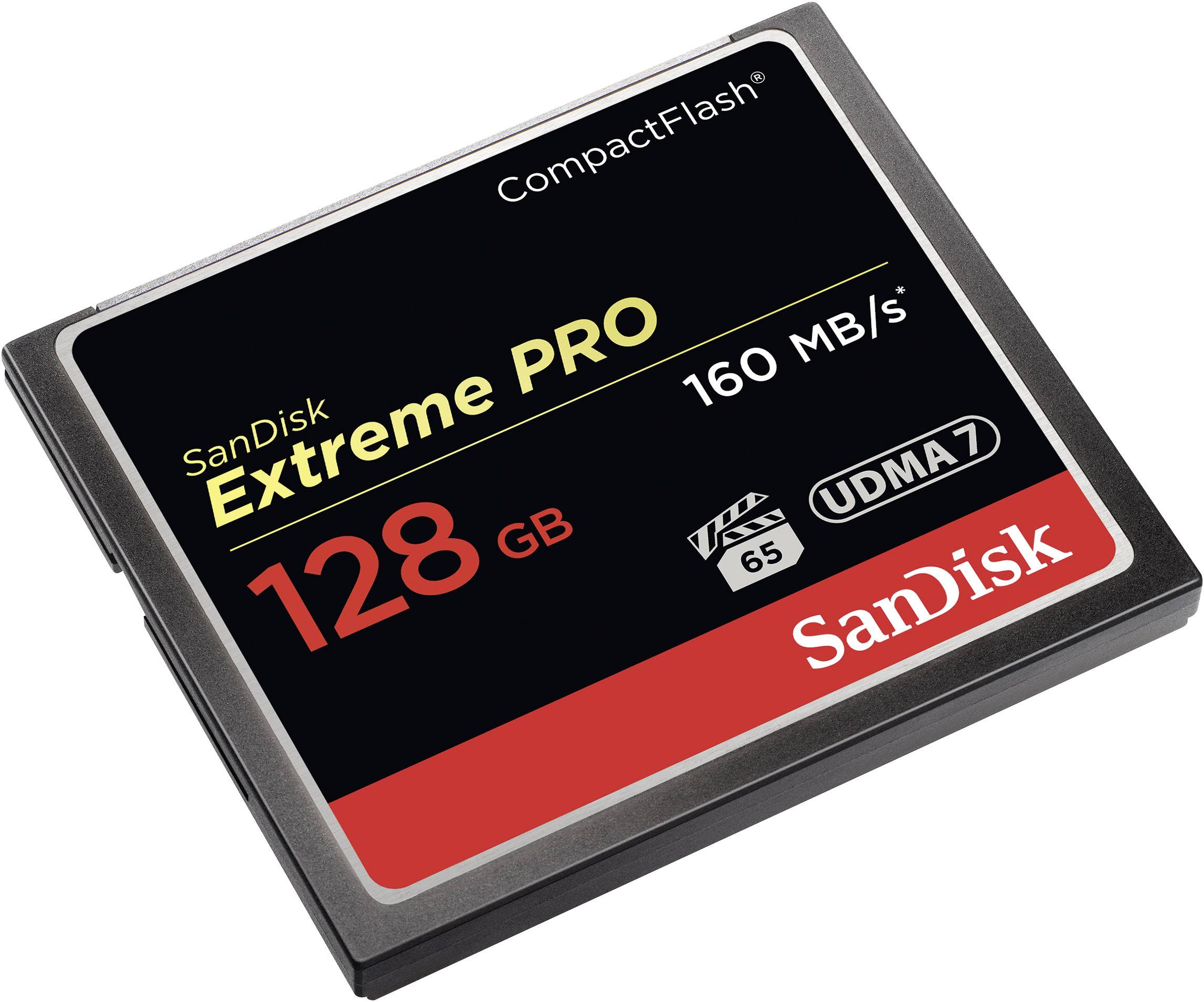 Paměťová karta SanDisk CompactFlash o kapacitě 128 GB s rychlostí zápisu 160 MB/s, model Extreme PRO.