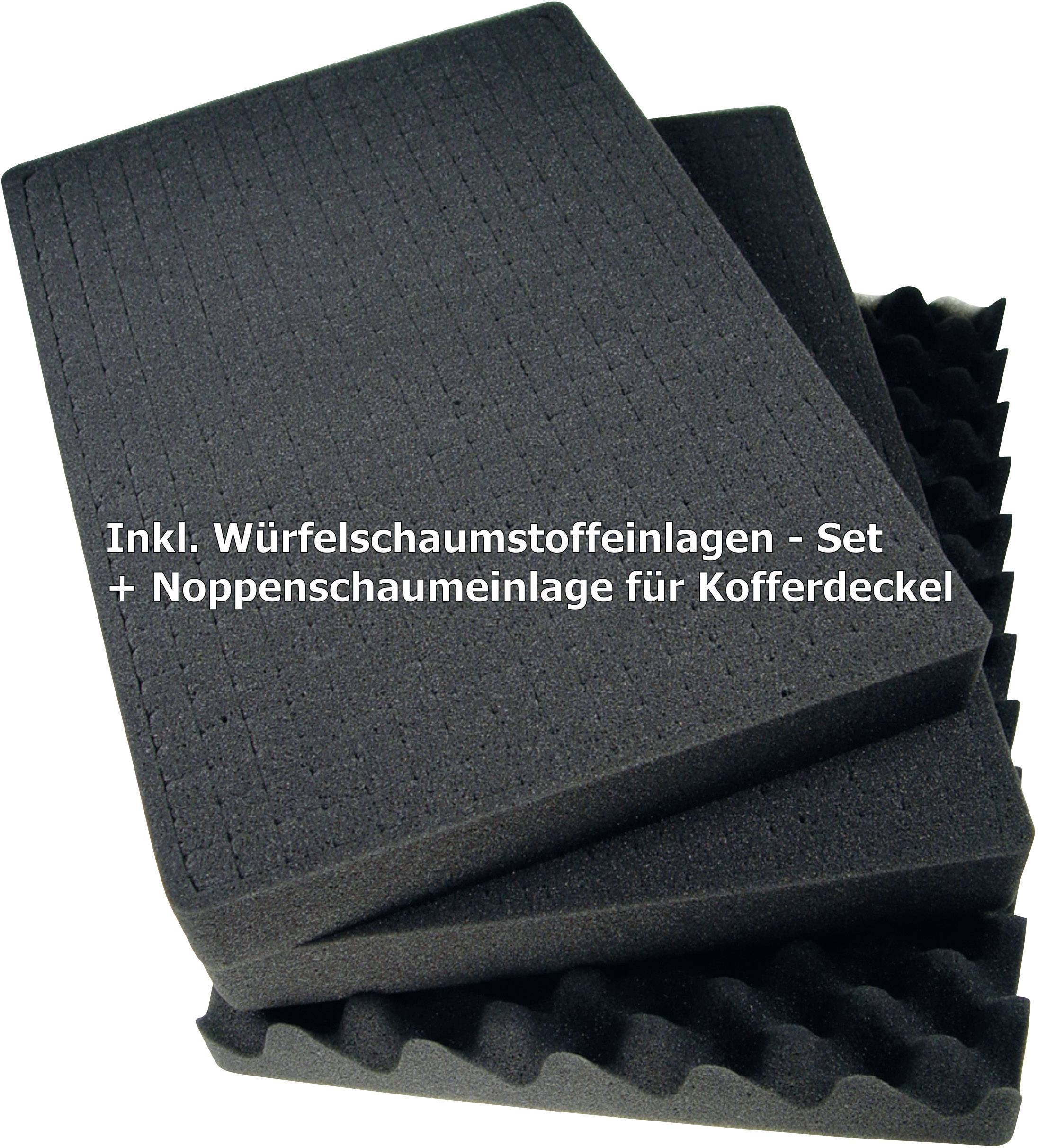 Tři černé pěnové vložky, dvě hladké, jedna s výstupky, uspořádané ve vrstvách. Text: 'Včetně kostkových pěnových vložek - sada + pěnová vložka s výstupky pro víko kufru'.
