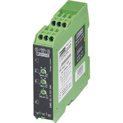 Zelené elektronické zařízení pro monitorování napětí od společnosti Phoenix Contact s diagramem a technickými specifikacemi.