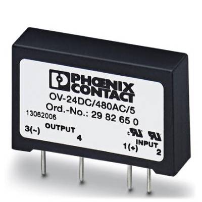 Černá reléová komponenta od Phoenix Contact s nápisem 'OV-24DC/480AC/5'. Má čtyři připojovací kolíky a štítky s označením 'OUTPUT' a 'INPUT'.