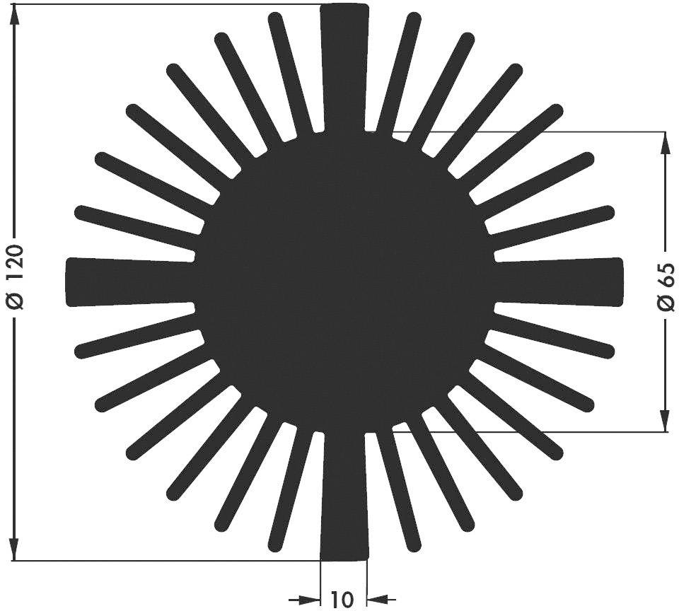Diagram kruhového objektu s 32 radiálními paprsky, vnější průměr 120 mm, vnitřní průměr 65 mm, střední paprsek 10 mm.