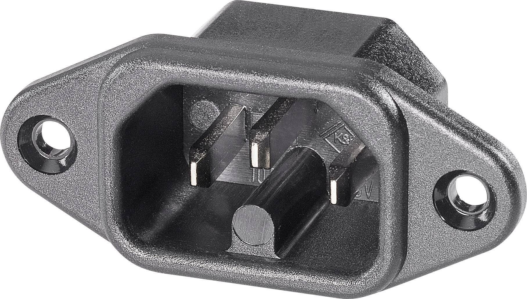 Černená síťová vidlice IEC C14 se třemi kolíky a dvěma montážními otvory pro šrouby, určená k připojení elektrických zařízení k napájení.