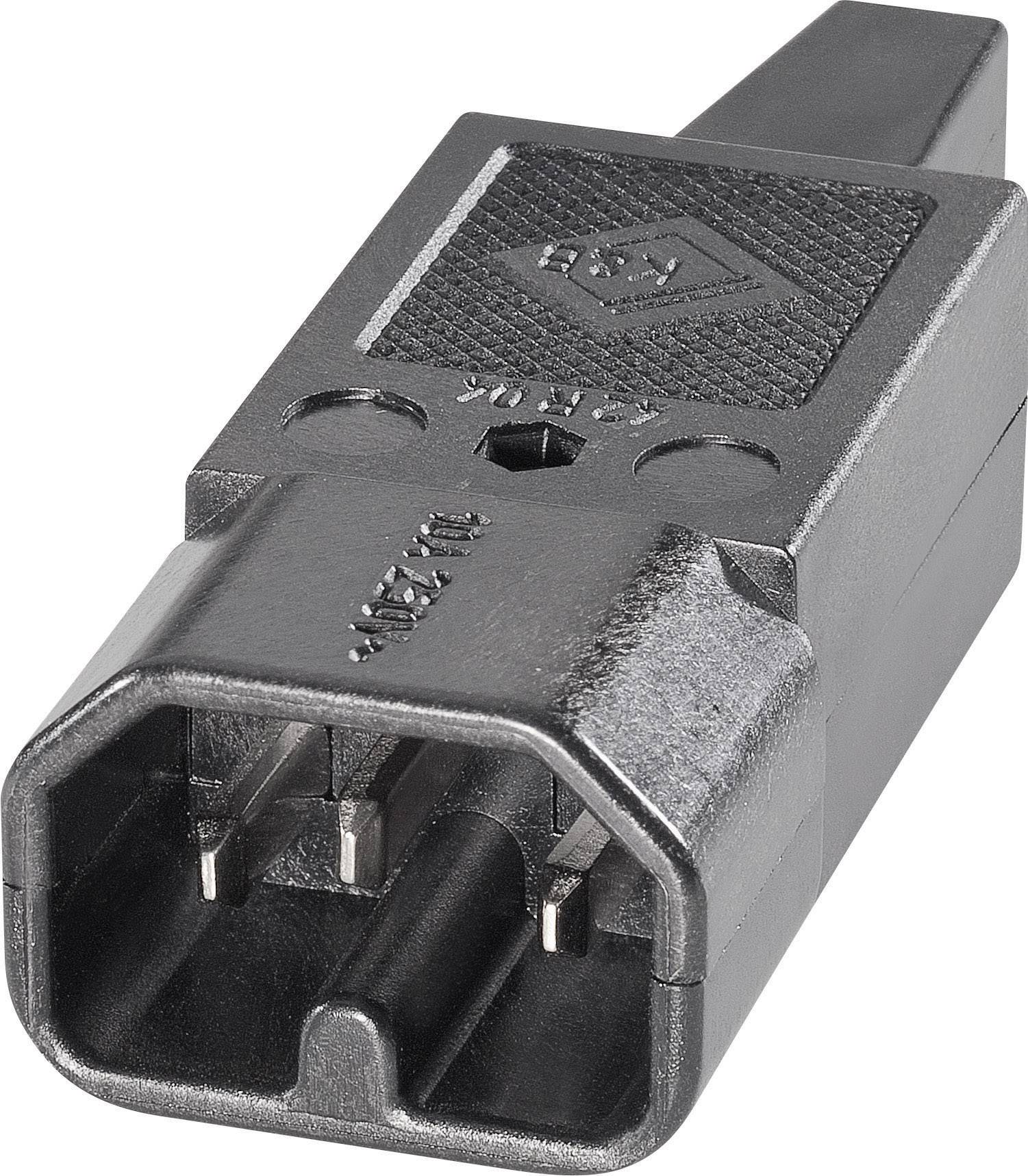 Černá elektrická zástrčka obdélníkového tvaru se třemi kovovými kolíky, s postranním nápisem. Používá se pro připojení k zařízením.