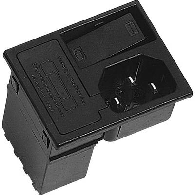 Černý síťový spínač s integrovaným držákem pojistky a síťovou vstupní zásuvkou, vhodný pro elektronická zařízení.