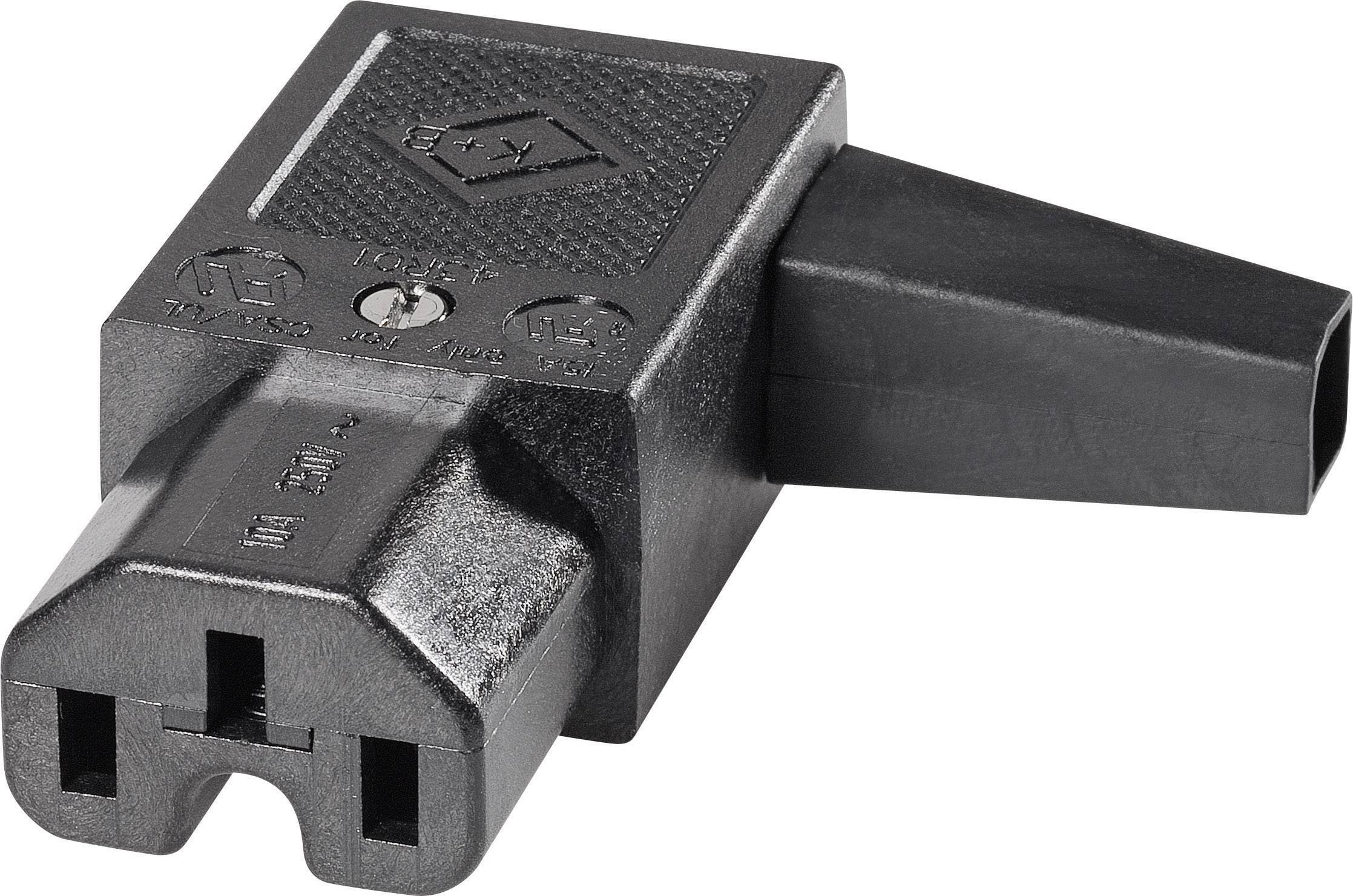 Černý úhlový konektor se dvěma kolíky, vhodný pro elektrické přístroje.