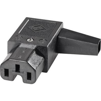 Černý úhlový konektor se dvěma kolíky, vhodný pro elektrické přístroje.