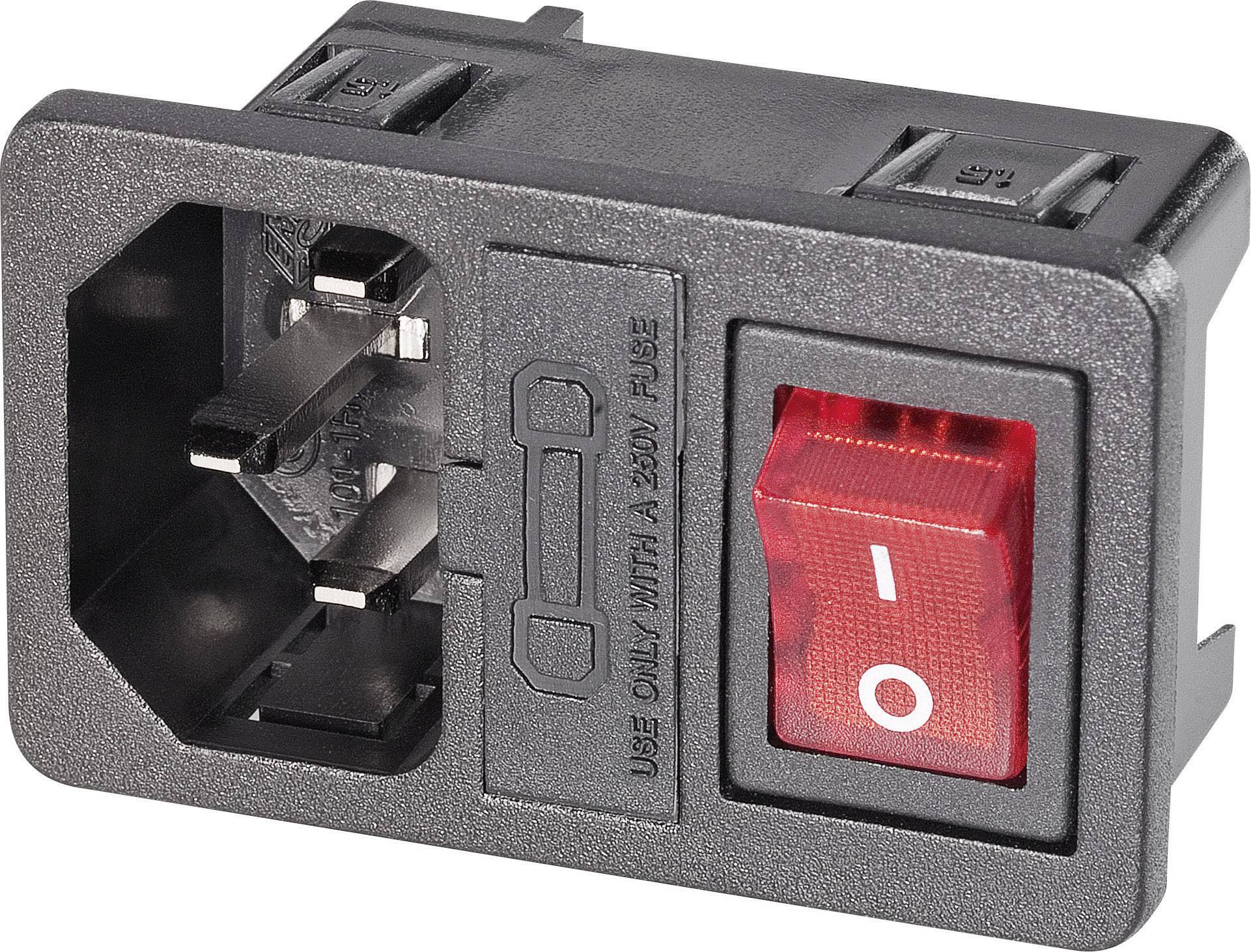 Černá síťová zásuvka s integrovaným červeným spínačem a prostorem pro pojistku, vhodná pro 250V.