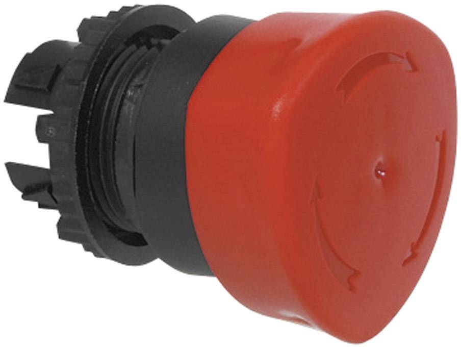 Červený nouzový vypínač s černým upevňovacím mechanismem, symbolizující bezpečnost a nouzové zastavení strojů a zařízení.