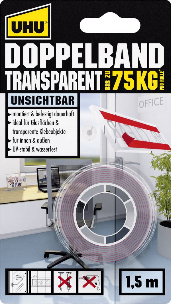 <br>  UHU<br>  45375<br>  45375<br>  oboustranná lepicí páska<br>  UHU®<br>  transparentní<br>  (d x š) 1.5 m x 19 mm<br>  1 ks<br>