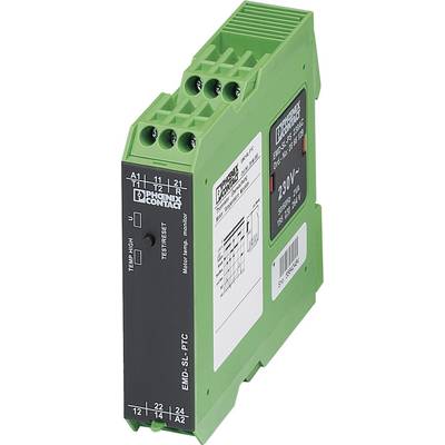 Zelené zařízení EMG SL-PTC od Phoenix Contact pro ochranu motoru, zobrazující technické specifikace a připojovací svorky vpředu.