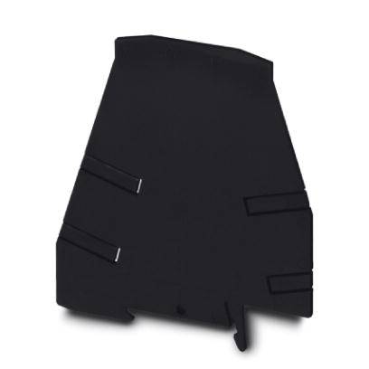 Černý, asymetrický objekt s několika horizontálními drážkami; mohl by to být moderní umělecké dílo nebo designový prvek.