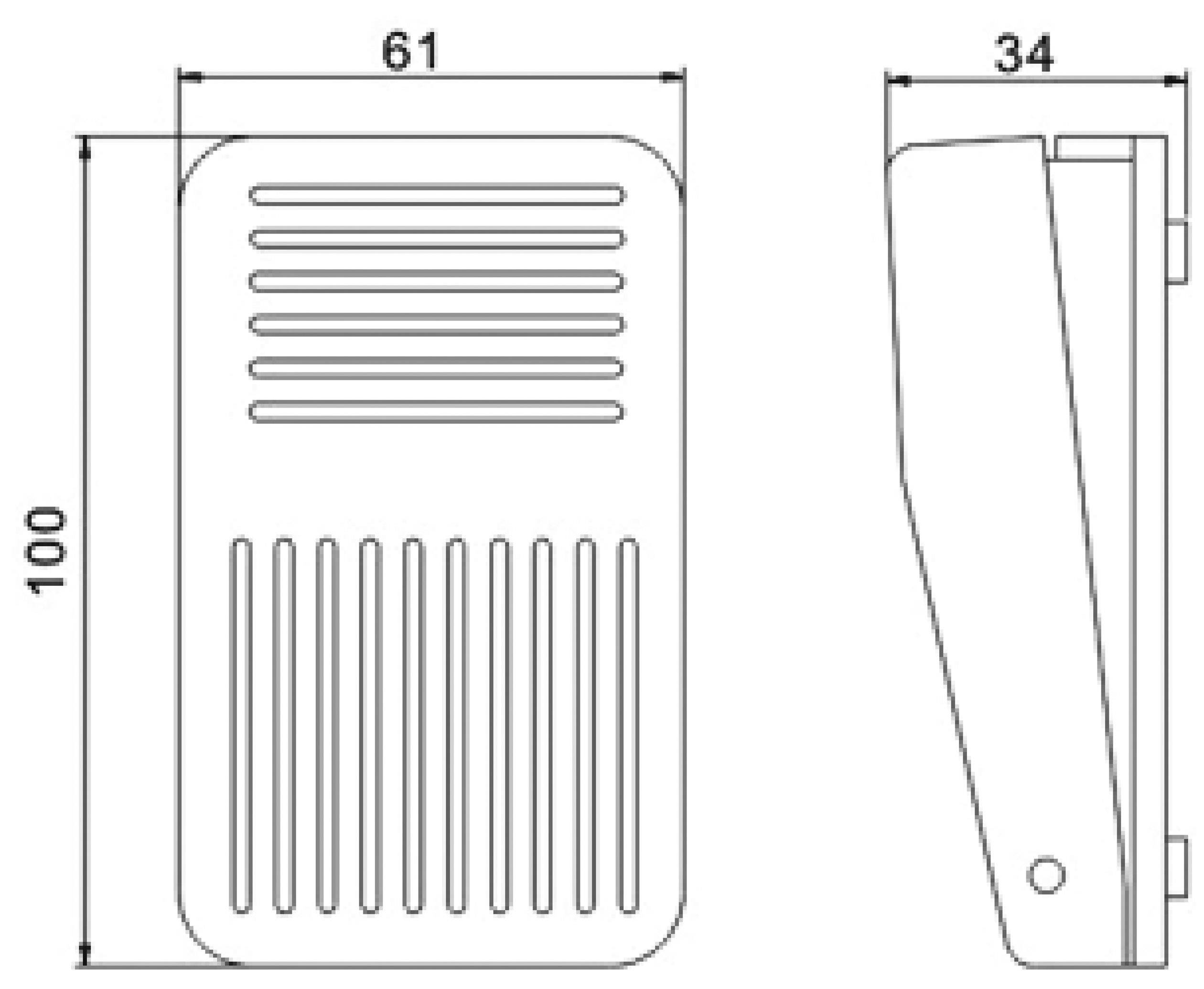 Technický výkres obdélníkového zařízení s rozměry: šířka 61 mm, výška 100 mm, hloubka 34 mm. Přední a boční pohled.