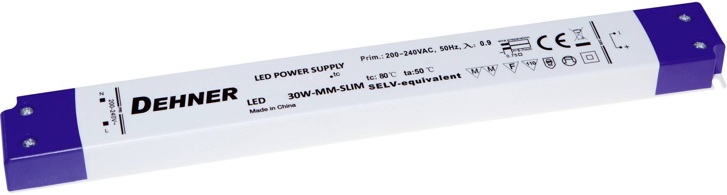 Obdélníkový LED napájecí zdroj od společnosti Dehner, model 50W-MM-51M, určený pro připojení k síti 200-240V, opatřený ochrannými a certifikačními symboly.