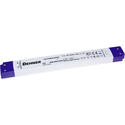 Obdélníkový LED napájecí zdroj od společnosti Dehner, model 50W-MM-51M, určený pro připojení k síti 200-240V, opatřený ochrannými a certifikačními symboly.