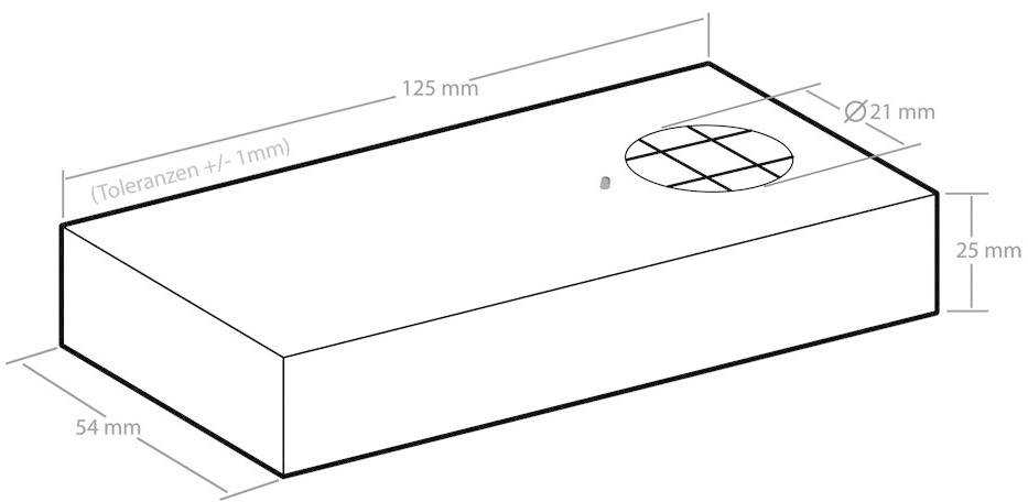 Izometrický nákres obdélníkového bloku s rozměry 125 mm x 54 mm x 25 mm. Kružnice o průměru 21 mm je vyznačena na horní straně. Tolerance: +/- 1 mm.
