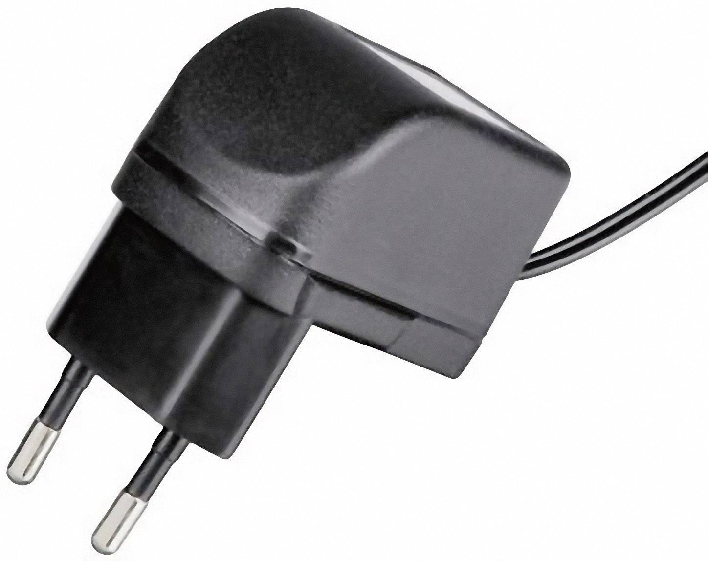 Černý napájecí adaptér EU s dvěma kulatými kolíky, zobrazený z boku, určený pro napájení elektronických zařízení.