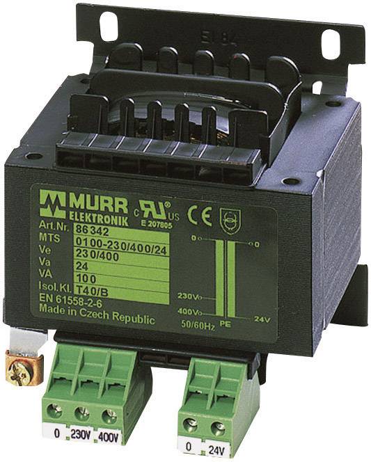 Elektrický transformátor od společnosti Murr Elektronik, obj. č. 86342, s údaji o napětí a připojovacími svorkami. Vyrobeno v České republice.