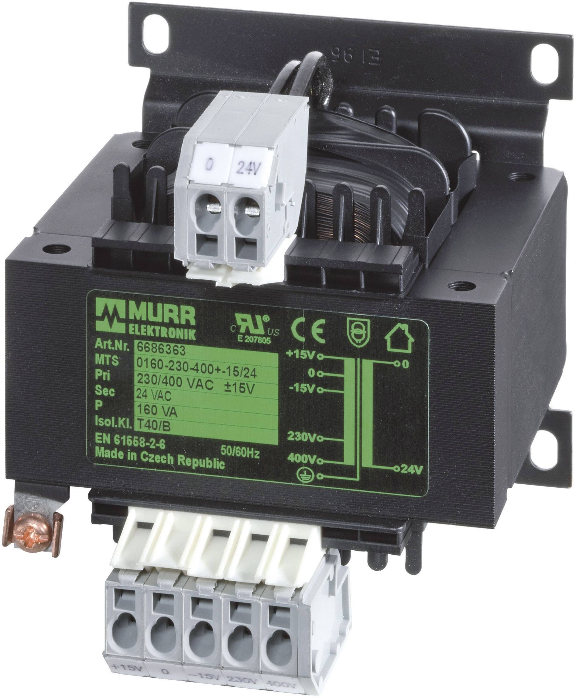 Černý transformátor značky Murr Elektronik s technickými specifikacemi na zeleném štítku, viditelné připojovací svorky.