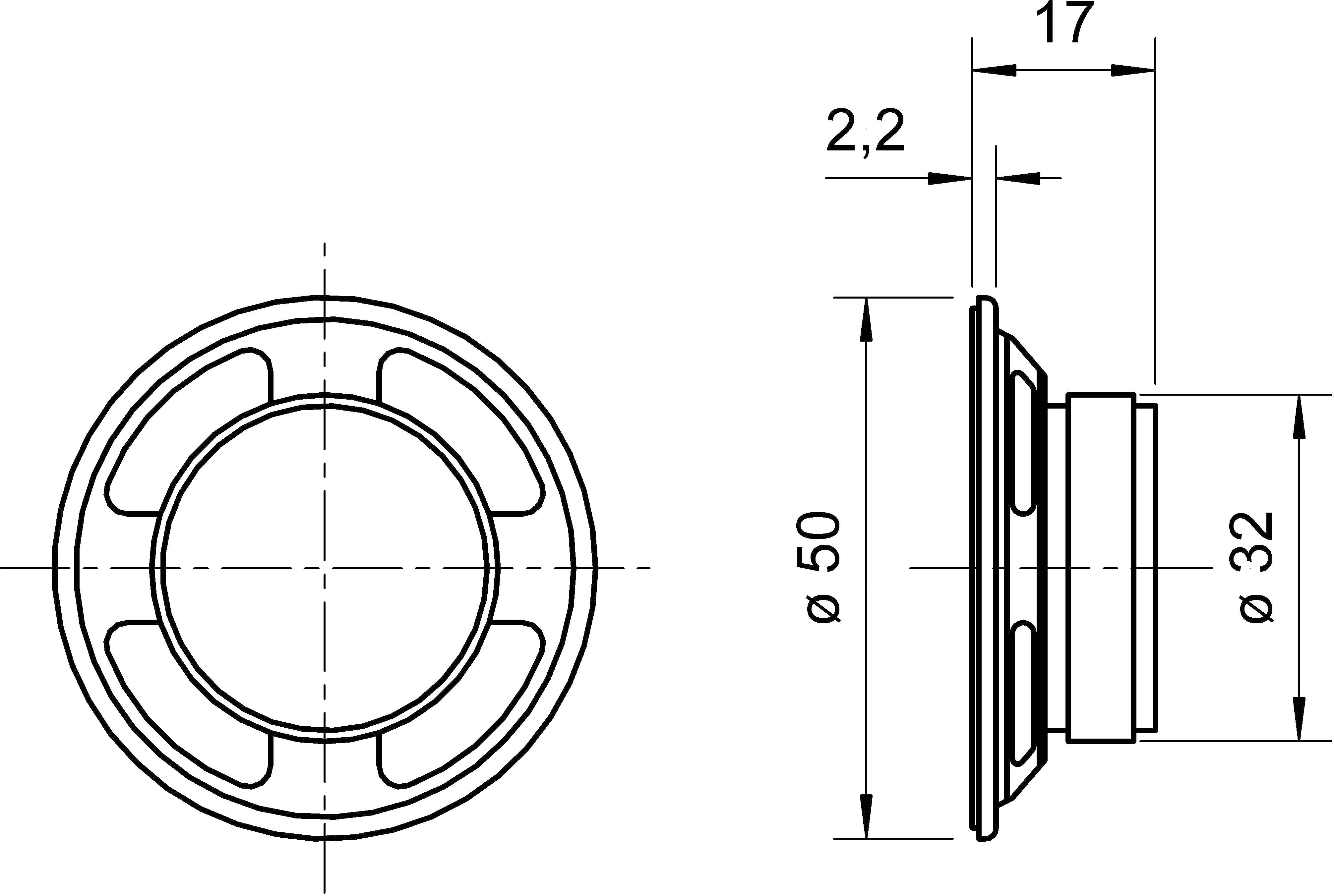Technický výkres kulatého reproduktoru s rozměry: průměr 50 mm a výška 17 mm. Boční a přední pohled.