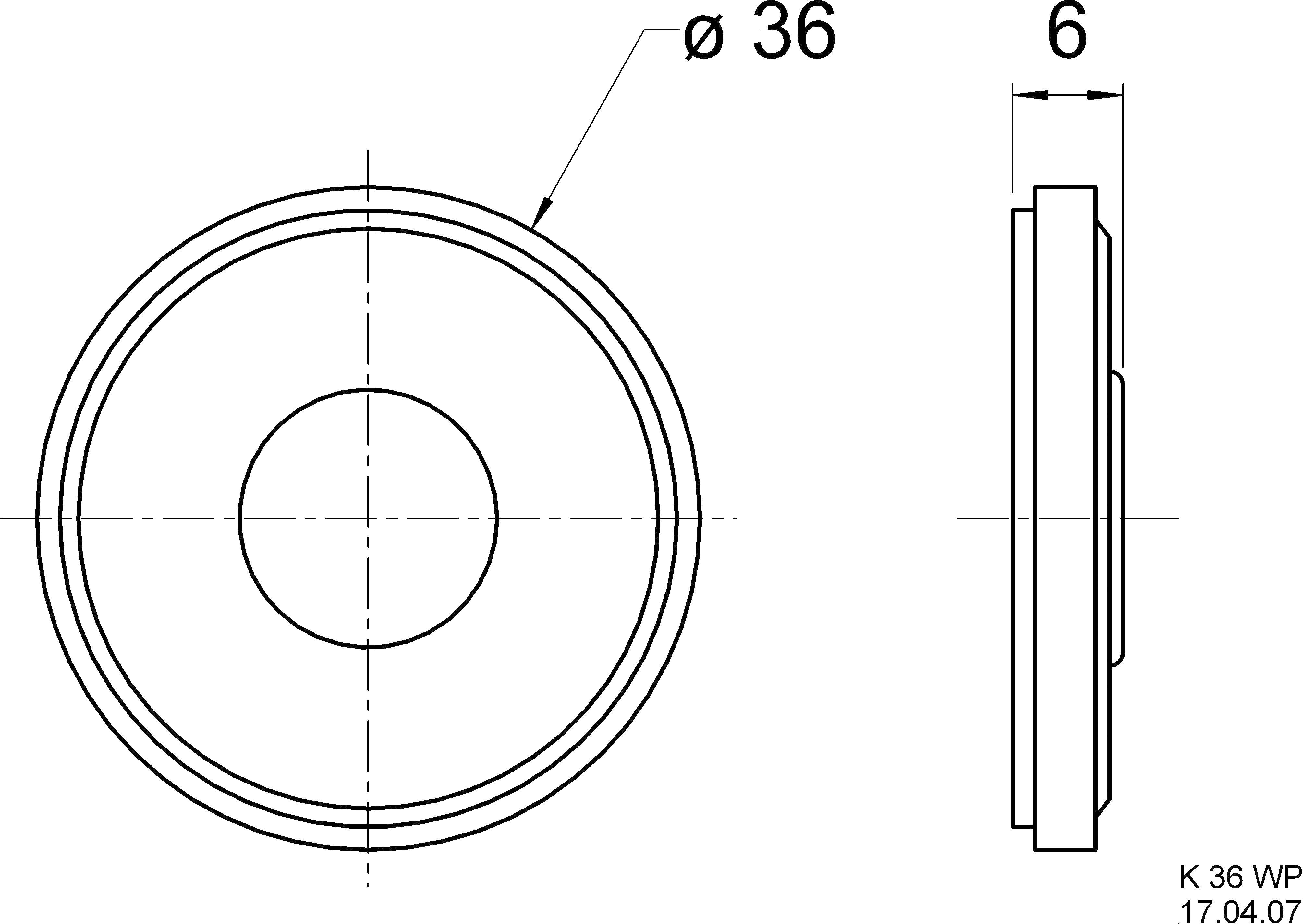 Technický výkres válcového objektu s pohledem zepředu a z boku; průměr 36 mm, hloubka 6 mm.