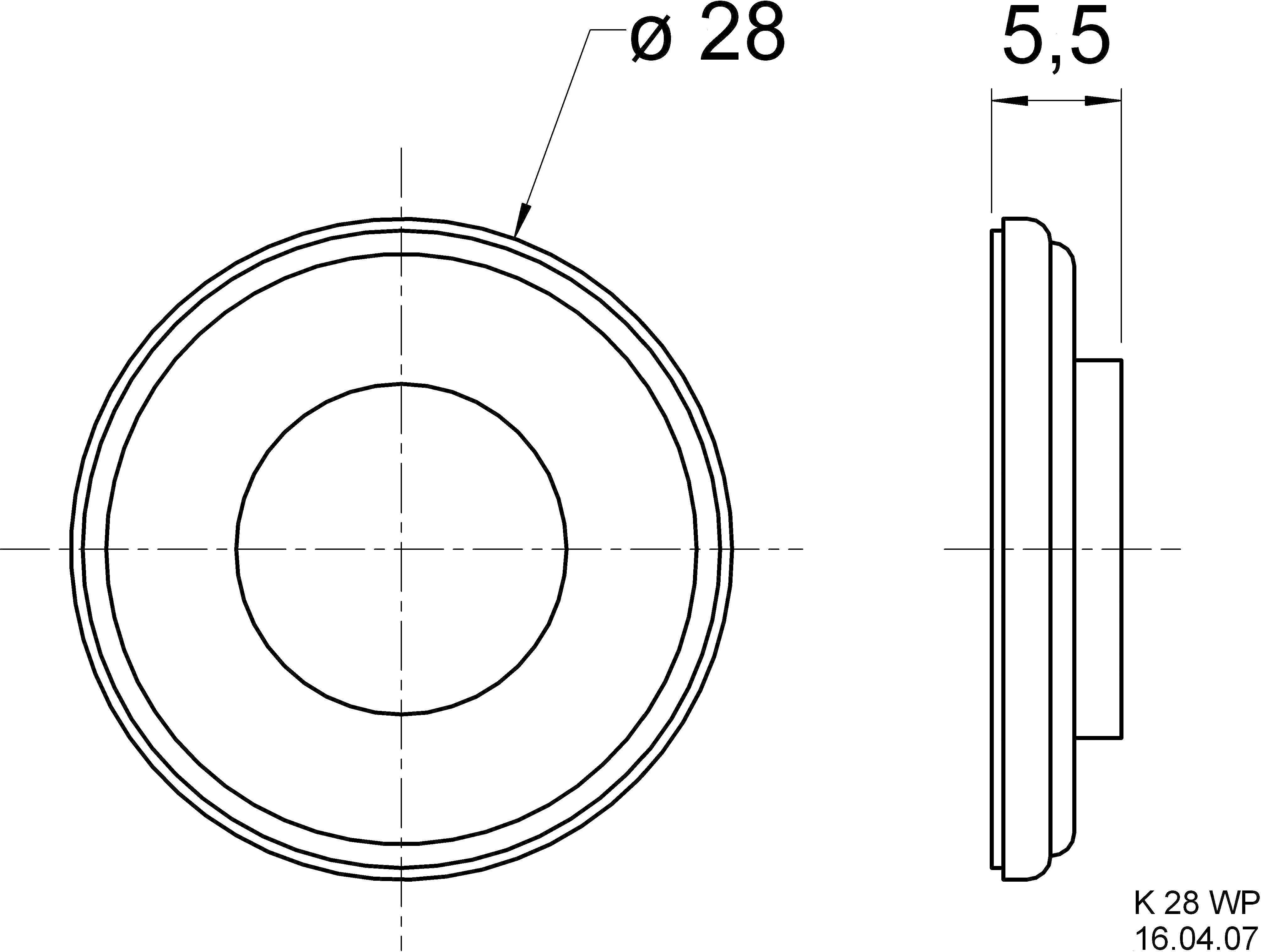 Technický výkres kulaté desky o průměru 28 mm a tloušťce 5,5 mm. Boční a pohled shora s kótami.