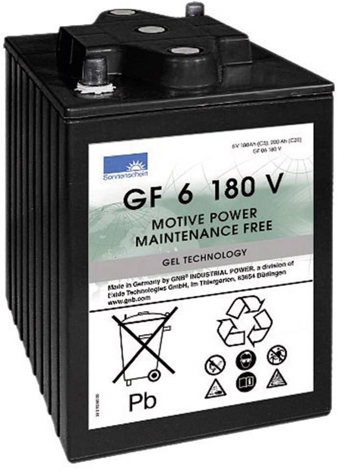 Baterie s nápisem 'GF 6 180 V Motive Power Maintenance Free', zobrazující symboly pro recyklaci a bezpečnostní opatření, vyrobená v Německu.