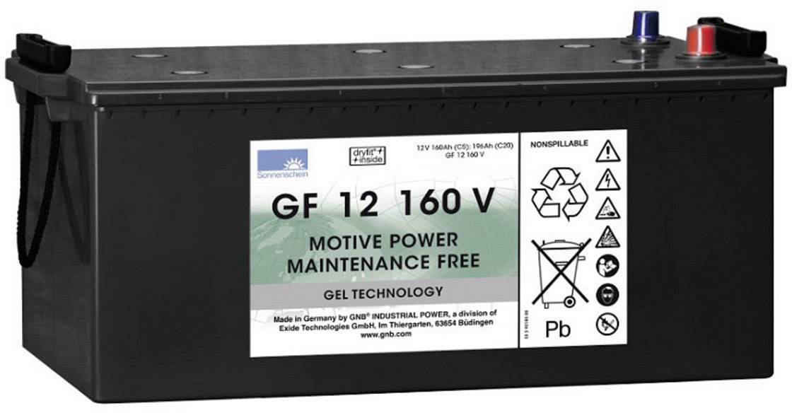 Baterie s označením 'GF 12 160 V', bezúdržbová, 12V, 160Ah. Bezpečnostní piktogramy. Vyrobeno v Německu.