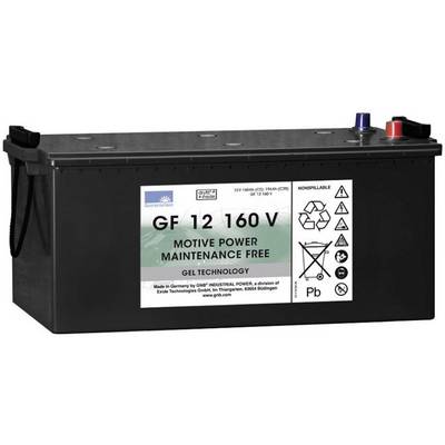 Baterie s označením 'GF 12 160 V', bezúdržbová, 12V, 160Ah. Bezpečnostní piktogramy. Vyrobeno v Německu.