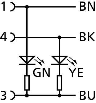 Schéma zobrazuje čtyři svorky (1, 3, 4, BN, BK) a dvě diody ('GN', 'YE'). Linky spojují svorky, rezistory jsou zapojeny paralelně s diodami.
