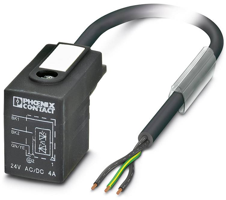 Elektronické relé od Phoenix Contact s připojenými vodiči, označené štítkem '24V AC/DC 4A'; jsou zobrazeny technické komponenty.