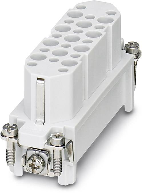 Bílý elektrický konektor s několika kulatými zásuvkami, zajištěný šrouby v rozích.