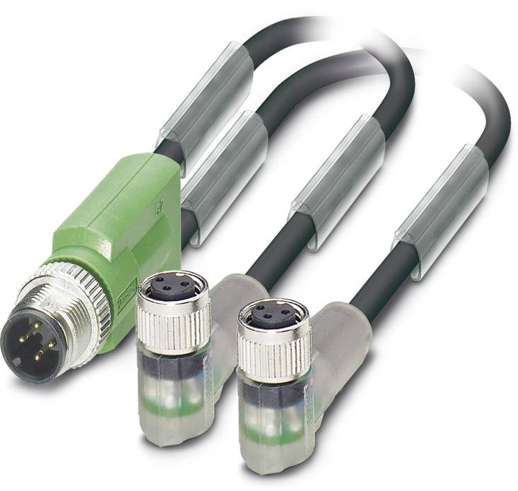 Zelený Y-prodlužovací kabel s jedním samčím M12 konektorem na jedné straně a dvěma samičími M12 konektory na straně druhé.