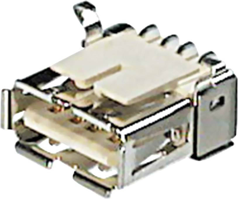 USB port zblízka. Kovové kontakty a pravoúhlý tvar konektoru jsou zřetelně viditelné.
