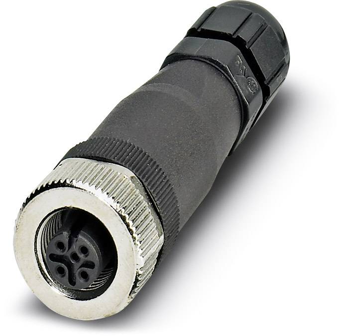 Černý válcový konektor M12 se závitem je zobrazen. Ukazuje přední stranu s viditelnými kontaktními otvory.